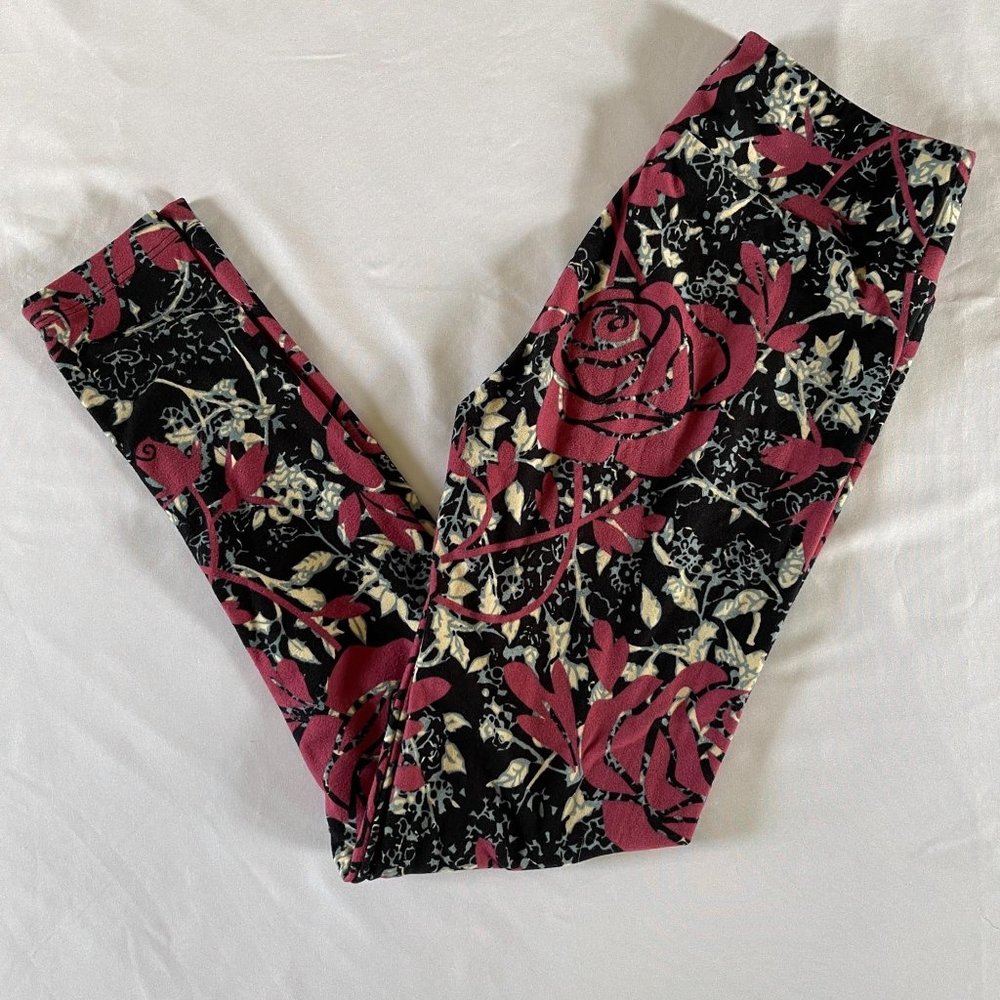 LuLaRoe Unisex Leggings Roses Black White Pink